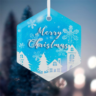 Ornement En Verre Joyeux Noël Maison Blanche Blanche Neige