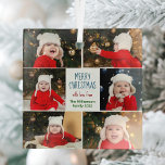 Ornement En Verre Joyeux Noël Photo Collage Cute Custom Cadeau<br><div class="desc">Ce joli et moderne ornement de Noël Joyeux présente une disposition classe de 6 photos de famille sur un arrière - plan blanc avec une jolie typographie bleue, rouge et verte. Ce magnifique cadeau de vacances photo pour enfants présente le collage photo de votre propre enfant entourant votre message festif...</div>