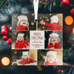 Ornement En Verre Joyeux Noël Photo Collage mignon Personnalisé<br><div class="desc">Ce joli ornement moderne en verre de Noël Joyeux présente un agencement élégant de 6 photos de famille sur un arrière - plan blanc avec une jolie typographie rouge et verte. Ce magnifique cadeau de vacances photo pour enfants présente le collage photo de votre propre enfant entourant votre message festif...</div>