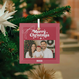 Ornement En Verre Joyeux Noël rouge photo arc dessiné main rétro