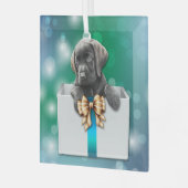 Ornement En Verre Labrador Retriever Puppy in Box Bokeh Christmas (Avant gauche)