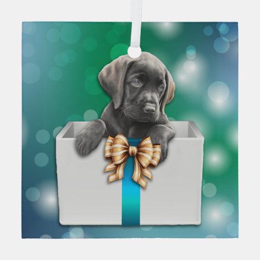 Ornement En Verre Labrador Retriever Puppy in Box Bokeh Christmas (Verso)
