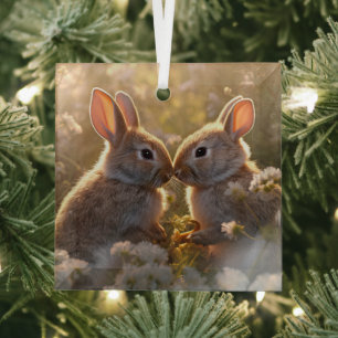 Ornement En Verre Lapins Adorables dans la Prairie de Printemps Desi