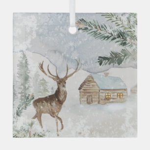 Ornement En Verre Le cerf d'aquarelle en forêt d'hiver Noël