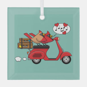 Ornement En Verre Les amoureux du Cardinal Rouge sur Scooter