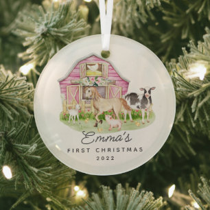 Ornement En Verre Les premiers amis de la ferme de Noël de bébé