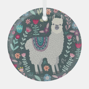Ornement En Verre Llama florale : Doodles Vintages tirés à la main