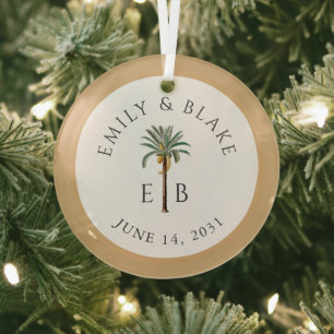 Ornement En Verre Logo Royal Palm Élégant Monogramme Mariage Tropica