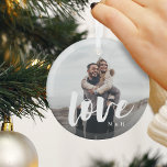 Ornement En Verre Love Script Overlay Couples personnalisés Photo<br><div class="desc">Créez un doux souvenir de votre mariage,  fiançailles,  anniversaire,  lune de miel ou un moment spécial avec cet ornement personnalisé qui est parfait pour les couples. Ajoutez une photo préférée avec "love" superposé dans le script de brosse décontracté en lettres manuscrites,  et vos initiales sous.</div>