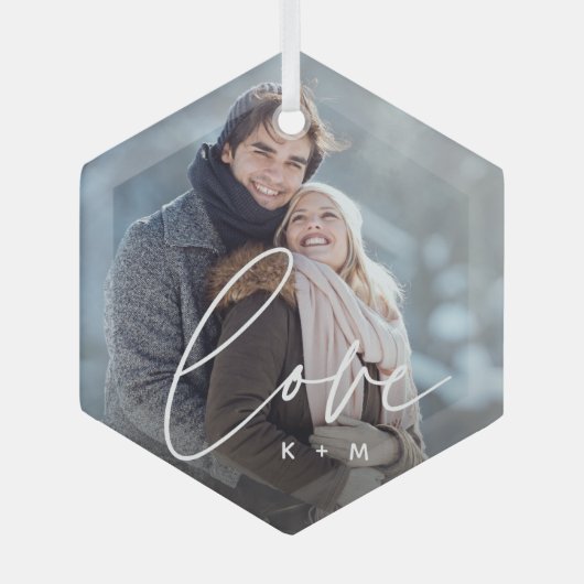 Ornement En Verre Love Script Overlay Photo & Initials (Recto)