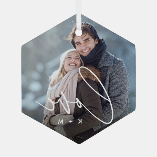 Ornement En Verre Love Script Overlay Photo & Initials (Verso)