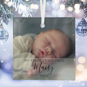 Ornement En Verre Ma première photo bébé de Noël Elegant Script Glas