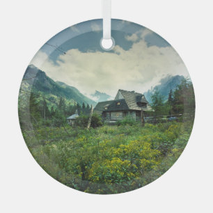 Ornement En Verre Maison en bois, paysage de montagne.