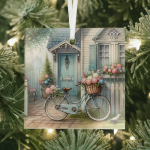 Ornement En Verre Maisonnette Bleue avec Vélo et Panier de Fleurs Pr