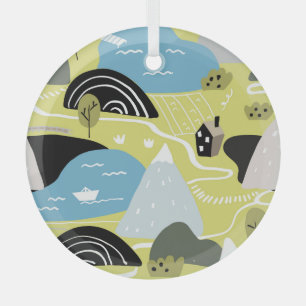 Ornement En Verre Maisons scandinaves, arbres, montagnes motif.