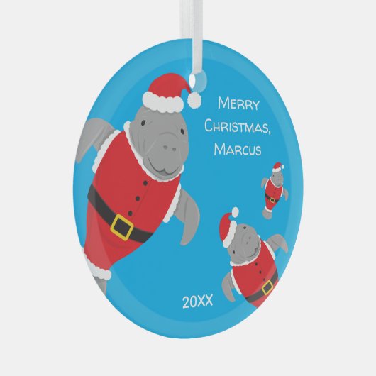 Ornement En Verre Manatee Père Noël tenues Nom Noël (Avant droite)
