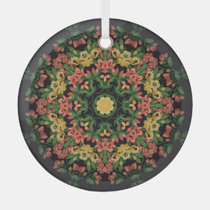 Ornement En Verre Mandala floral : rouge, vintage jaune.