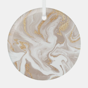 Ornement En Verre Marbre liquide beige, art de la ligne dorée.