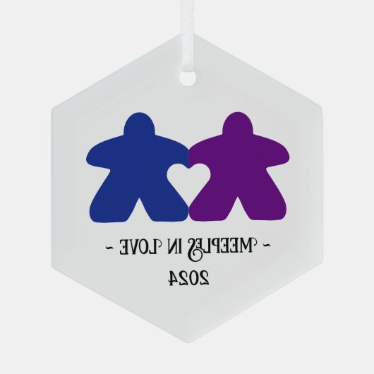 Ornement En Verre Meeples in Love, Purple & Blue Glass Ornament (Verso)