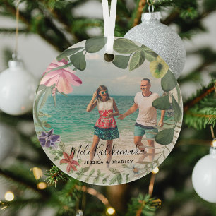 Ornement En Verre Mele Kalikimaka Tropical Wreath Photo Glass Nom