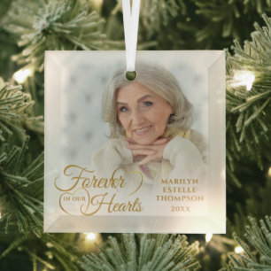 Ornement En Verre Mémorial pour toujours dans nos coeurs Photo Gold