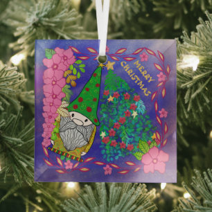 ORNEMENT EN VERRE MERRY CHRISTMAS PERSONNALISÉ AVEC GNOME XMAS TREE