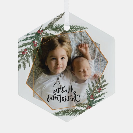 Ornement En Verre Merry Christmas pine and berries photo (Verso)