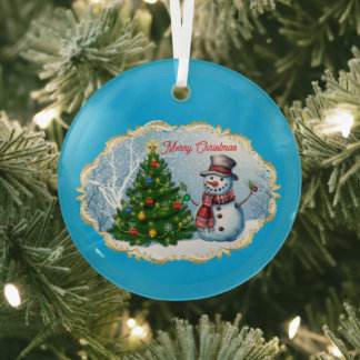 Ornement En Verre Merry Christmas Snowman Tree Cute