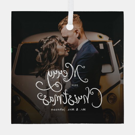 Ornement En Verre Merry Christmas Whimsical Script Custom Photo (Verso)