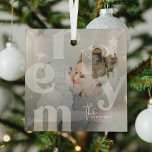 Ornement En Verre MERRY Overlay Typographie' Photo Noël<br><div class="desc">Décorez votre maison cette saison de vacances avec cette photo moderne de Noël en verre ornement de Noël. Design présente le texte MERRY dans une typographie transparente,  superposant une photographie de votre choix. Ajoutez simplement le nom de famille et l'alto !</div>