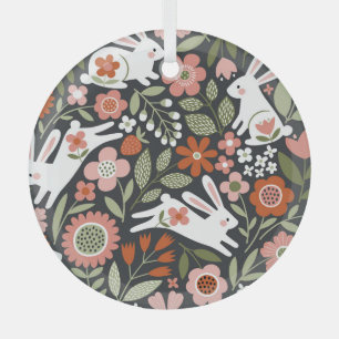 Ornement En Verre Mignons lapins blancs, motif vintage fleuri.