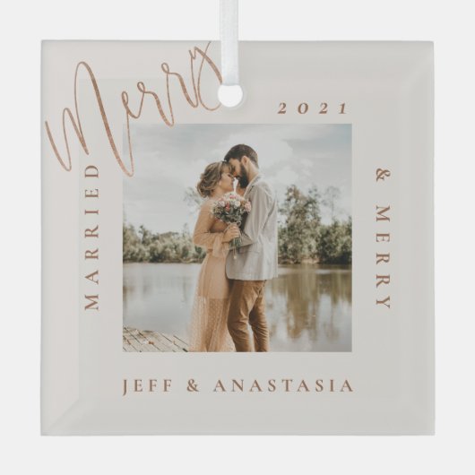 Ornement En Verre Miniature moderne mariée & Joyeux script d'or phot (Recto)
