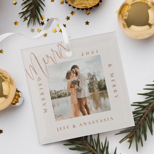 Ornement En Verre Miniature moderne mariée & Joyeux script d'or phot