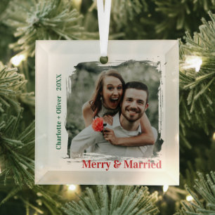 Ornement En Verre Minimal Joyeux et Mariés Premier Noël