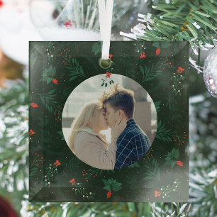Ornement En Verre Mistletoe de Noël Cute Couple Couple Kiss Photo