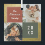Ornement En Verre Modern Pastel & Gold Christmas 2 Collage photo<br><div class="desc">Décorez votre arbre avec notre délicieux ornement. Un collage 2 photos en pastels et or présente un design festif accompagné de votre nom de famille et de votre année. Infuse ton arbre avec un éclat de couleur et un soupçon de joie.</div>