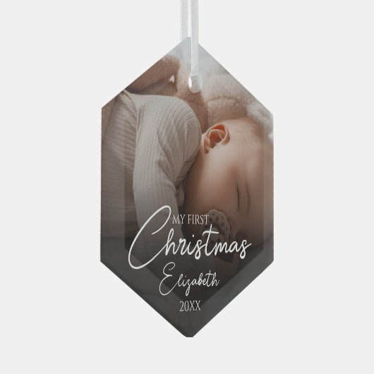 Ornement En Verre Mon premier Noël Baby Photo Élégant Script (Avant droite)