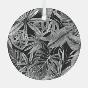 Ornement En Verre Monochrome Tropical, Aquarelle Texture Feuille.