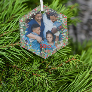 Ornement En Verre Monogramme Rouge Noël Green photo Classic Round