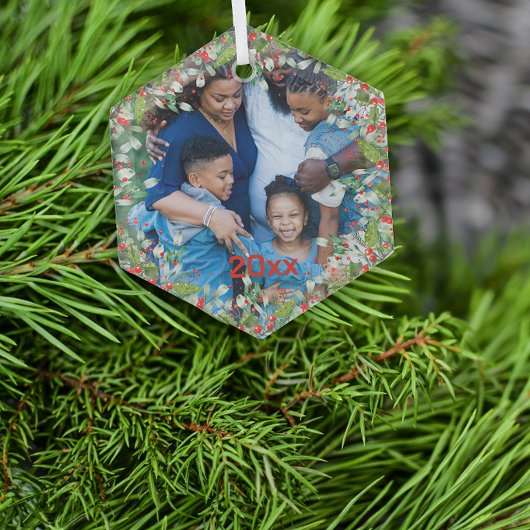 Ornement En Verre Monogramme Rouge Noël Green photo Classic Round