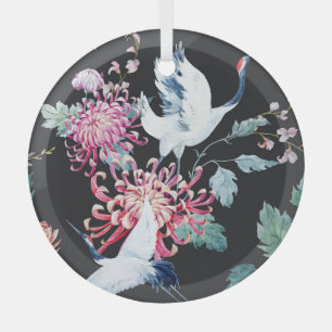 Ornement En Verre Motif d'aquarelle de la grue rouge Chrysanthemum