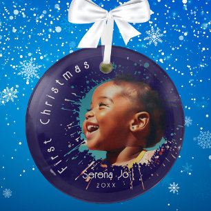 Ornement En Verre Motif éclaboussé pour le premier Noël de bébé bleu