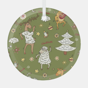 Ornement En Verre Moutons de Noël : Illustration Vintage animale.