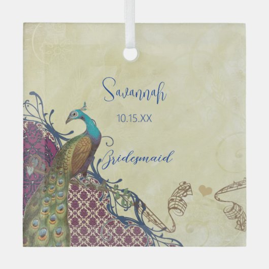 Ornement En Verre Navy & Berry Berry Elegant Damask Peacock Mariage (Recto)