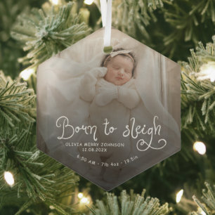 Ornement En Verre Né pour dévaler bébé photo naissance stats Noël
