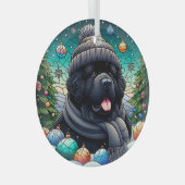 Ornement En Verre Newfie dans l'ornement rond en verre de Beanie (Avant droite)