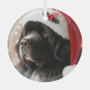 Ornement En Verre Newfie Pup porte un chapeau de Père Noël