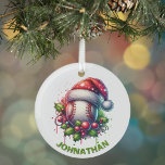 Ornement En Verre Noël Baseball Nom personnalisé avec Santa Hat<br><div class="desc">Frappez un home-run avec votre décor de vacances avec cet ornement de baseball festif! Doté d'un baseball classique portant un chapeau de Père Noël et entouré de feuilles saints et de baies rouges, cet ornement est parfait pour tous les fans de baseball qui veulent apporter leur amour du jeu à...</div>