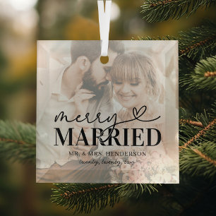 Ornement En Verre Noël de couple marié élégant et joyeux
