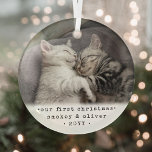 Ornement En Verre Notre premier Noël 2 Chats ou n'importe quel anima<br><div class="desc">Célébrez les joies simples de vos nouveaux membres de famille en furie avec un ornement de verre rond photo personnalisé. Kitten photo et tout le texte sur ce modèle sont simples à personnaliser. Si vous préférez, changez "Notre premier Noël" en un mot ou créez un ornement commémoratif. Il peut être...</div>